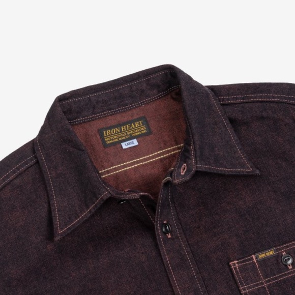 (NWT) Iron Heart 10oz Selvedge Denim Work Shirt - Indigo Overdyed Red (size M) - Picture 11 of 16